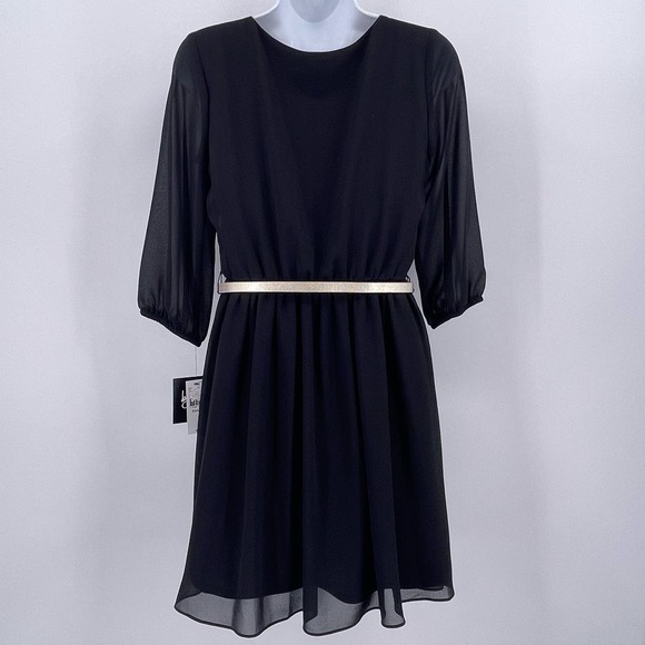 By & By Sz S Classic Short Black Dress 3/4 Length Sheer Sleeves Gold Belt NWT - Picture 2 of 7